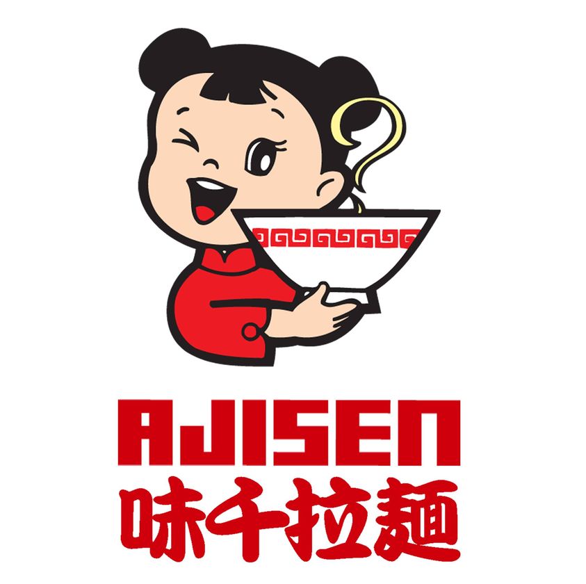 Ajisen ramen logo, a girl holding a cup of ramen
