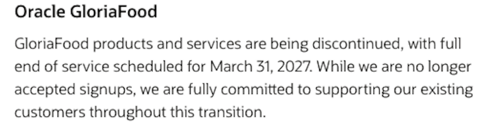 oracle gloriafood shutdown